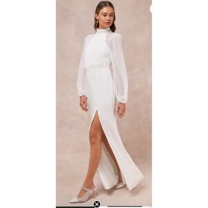 Lulus Graceful Love Wht Long Sleeve Open Back  Maxi Dress Mermaid SZ S